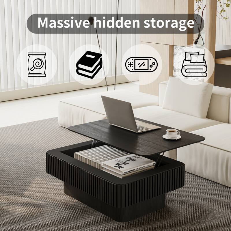 Fluted 38.6" Lift-top Coffee Table, Solid Wood Modern Accent Table with Storage and Adjustable Height