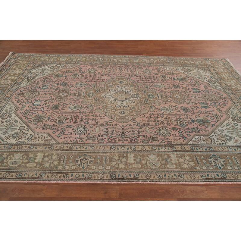 Hand Knotted Oriental 100% Wool Carpet Traditional Medallion Pink Tabriz Area Rug - 9' 5'' X 6' 5''