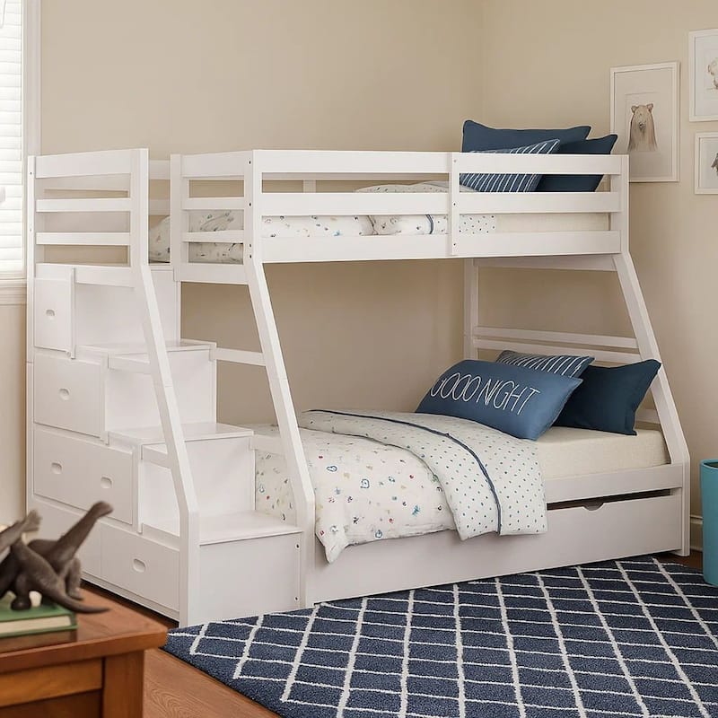Ellon Twin over Full Bunk Bed, White Solid Wood, Storage Drawers