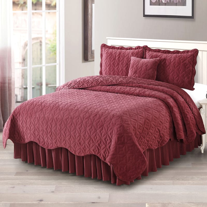 Serenta Diamond Flannel Quilted 4-piece Coverlet Set - Brick - Queen