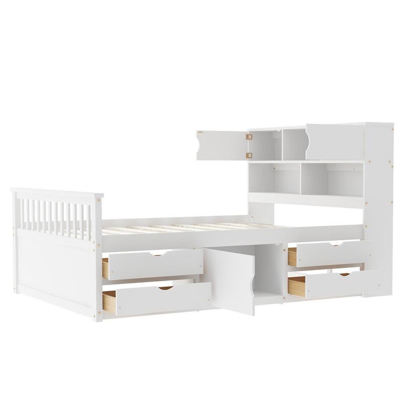 Twin/Full Size Captain Platform Bed with 4 Drawers and Storage Bookcase Headboard, Solid Wood Bed Frame with Storage Shelves