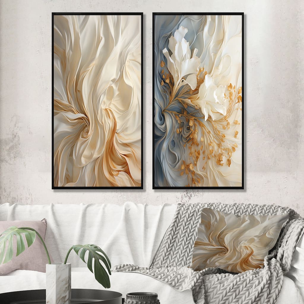 Designart "White And Gold Champagne Flow IV" Champagne Framed Art Set Of 2 - Traditional Beige Wall Decor Set 2 Pieces