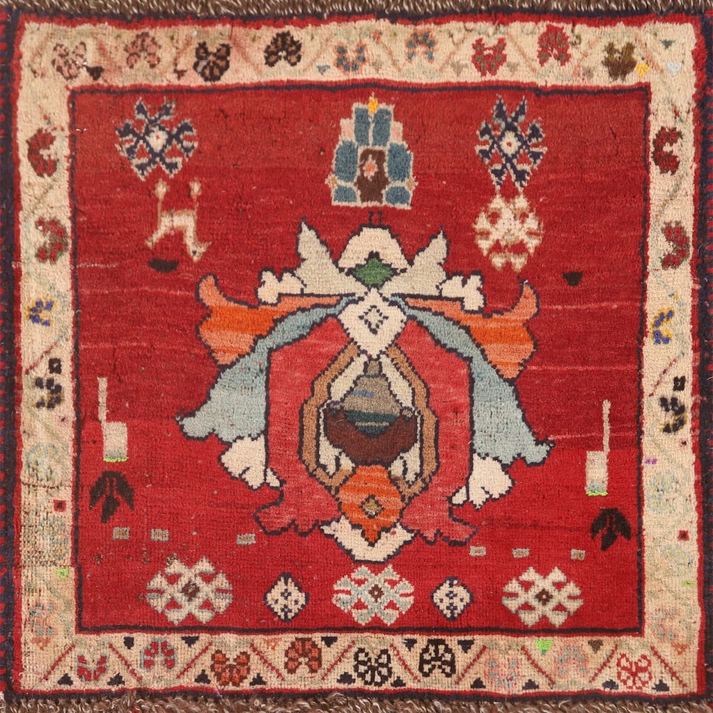 Geometric Red Shiraz Persian Vintage Square Rug Handmade Wool Carpet - 2'0" x 1'10"