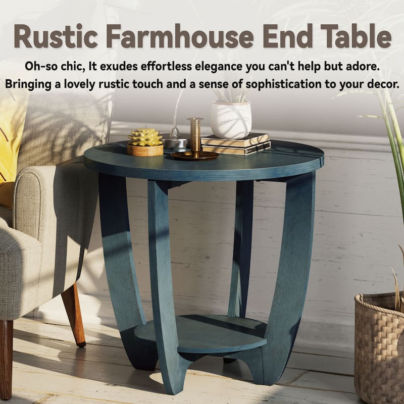 COZAYH Rustic Farmhouse End Table with Storage Shelf, French Country Accent Side Table, Round