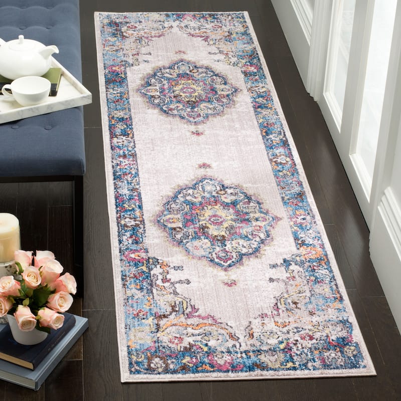 SAFAVIEH Bristol Janushka Vintage Boho Oriental Polyester Rug - 2'3" x 10' Runner - Light Grey/Blue
