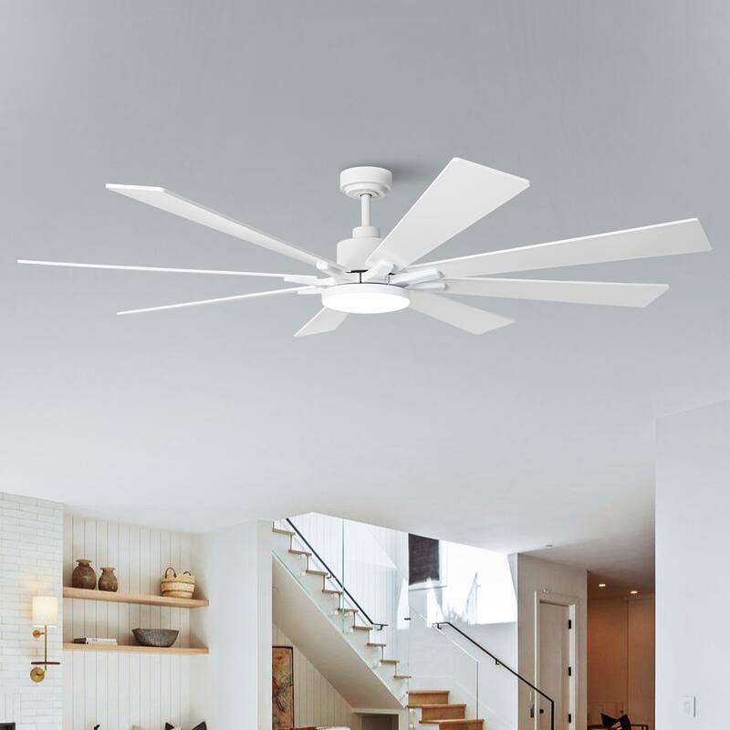 Modern 72-in White Wooden 8-Blade Large Windmill Ceiling Fan with Light