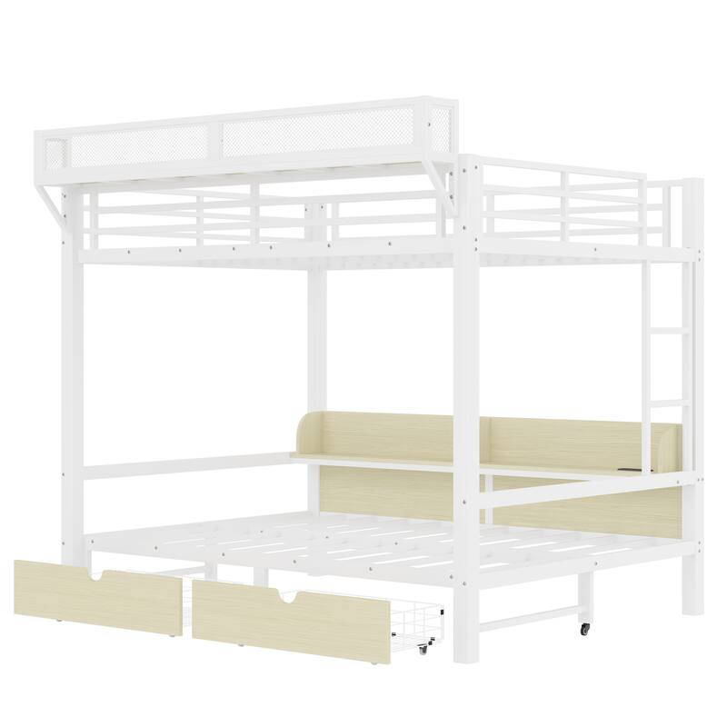 Queen over Queen Bunk Bed with Storage Shelves & Drawers, USB Ports & LED Lights, Convertible Sofa Lower Bed