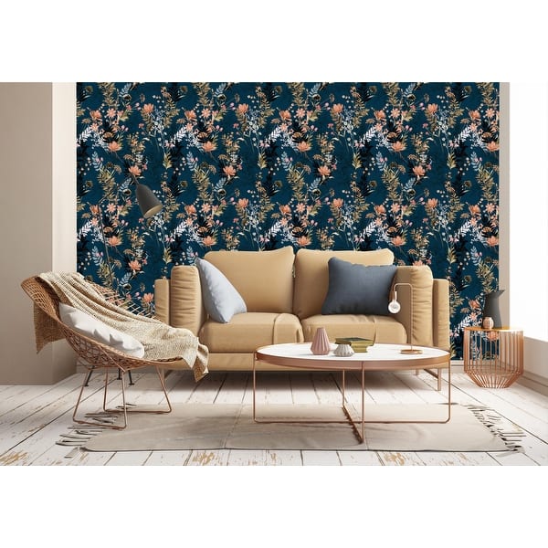 Dark Blue Botanical Removable Wallpaper, Floral Wallpaper, Botanical