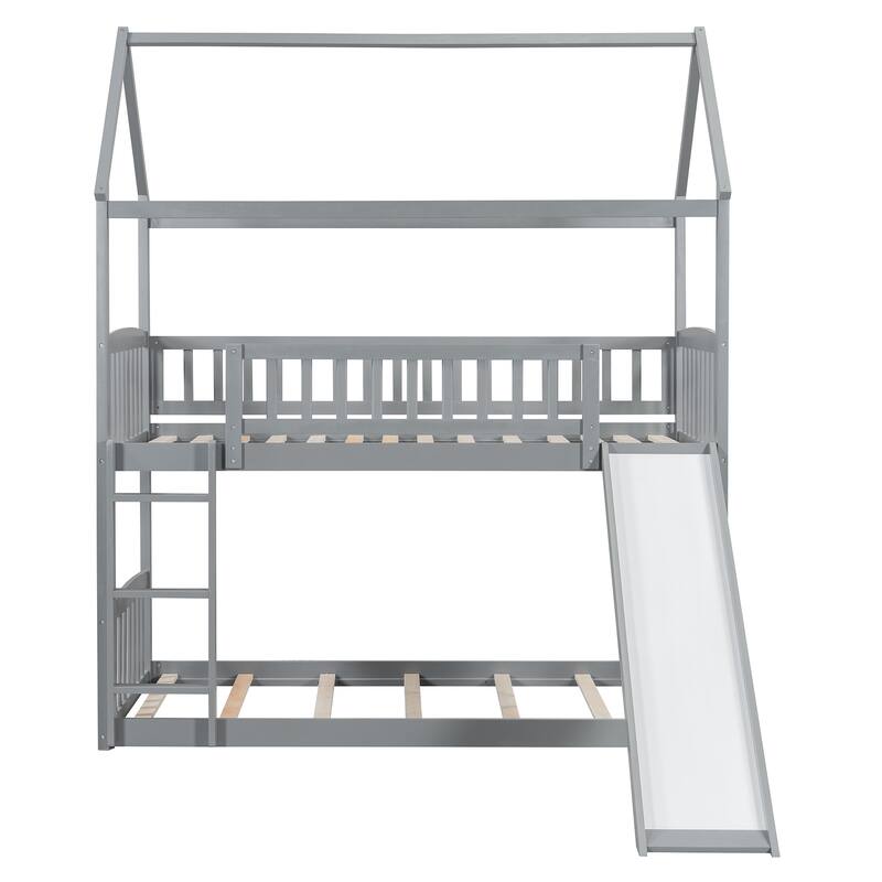 Fun Grey House Bed Twin Over Twin Bunk Bed with Slide