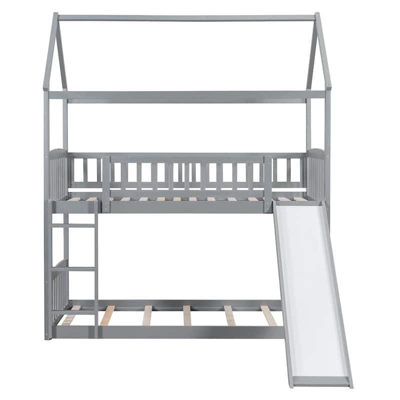 Twin Over Twin Bunk Bed with Slide, House Bed with Slide, Gray