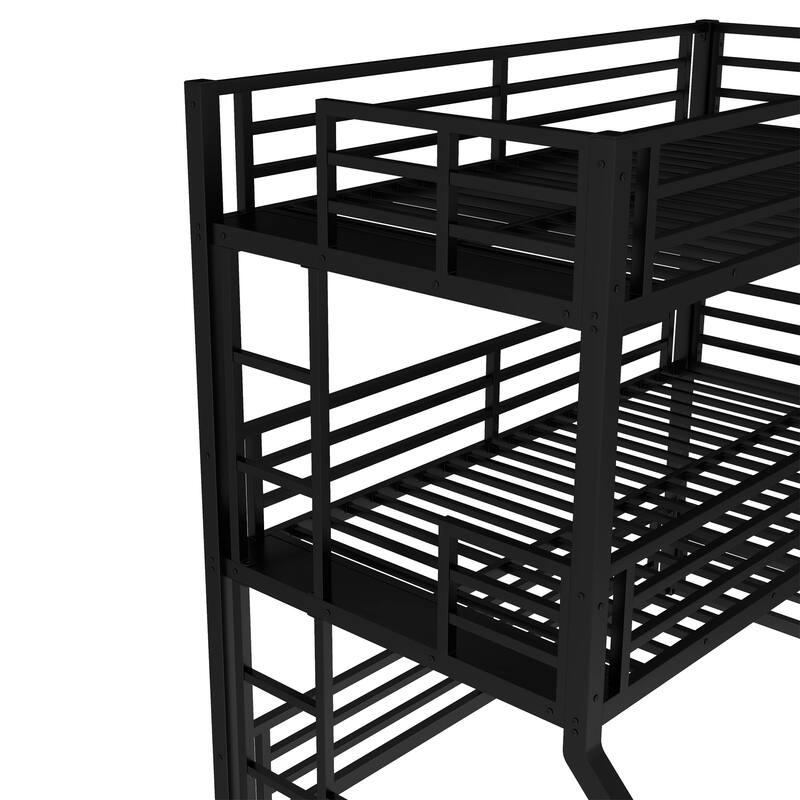 Roomfitters Twin over Twin over Full XL Metal Triple Bunk Bed with Safety Guardrails, Heavy-Duty Noise-Reduced Frame, Black