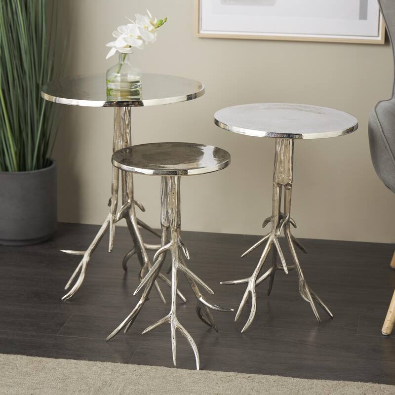 Aluminum Metal Accent Table with Textured Tree Branch Legs - Set of 3 Gold or Silver - Roche River Decor