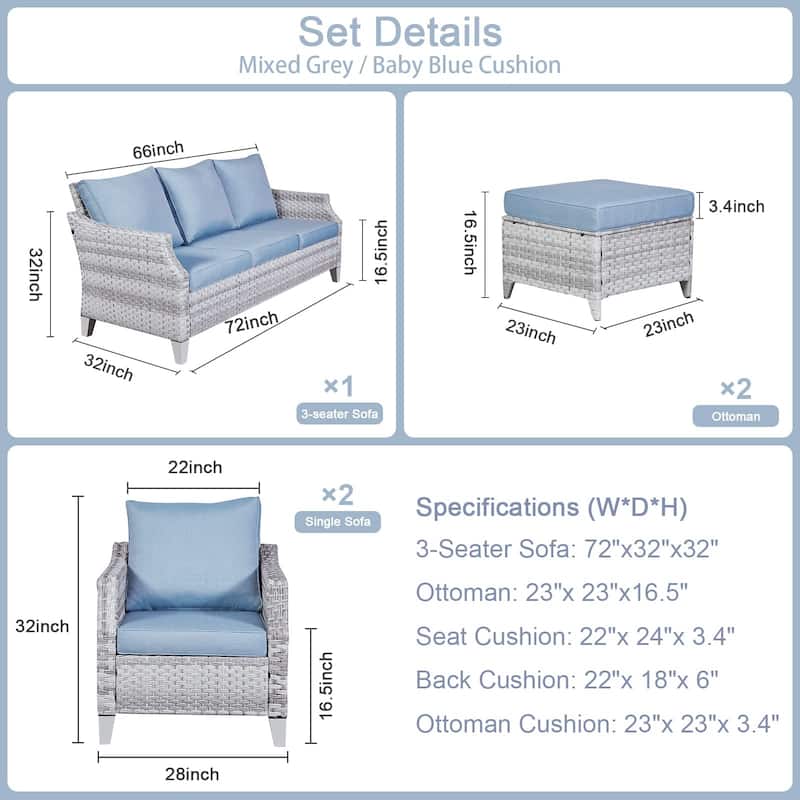 Patio Wicker Furniture Set-5 Piece Outdoor Sofa Set with Ottomans