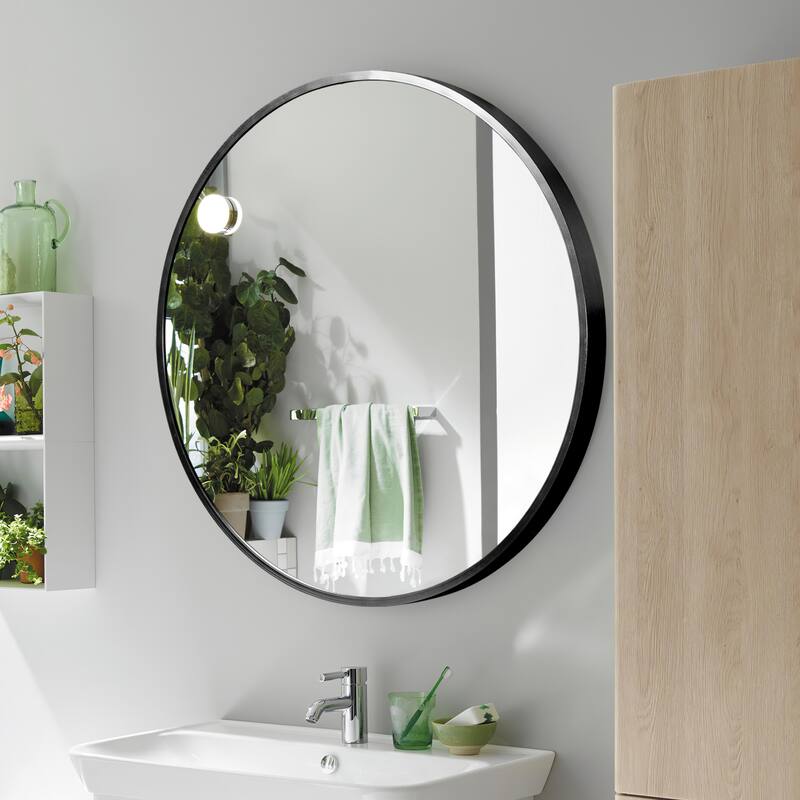 Wall Round Mirror 30'' Modern Brushed Metal Frame Wall-Mounted
