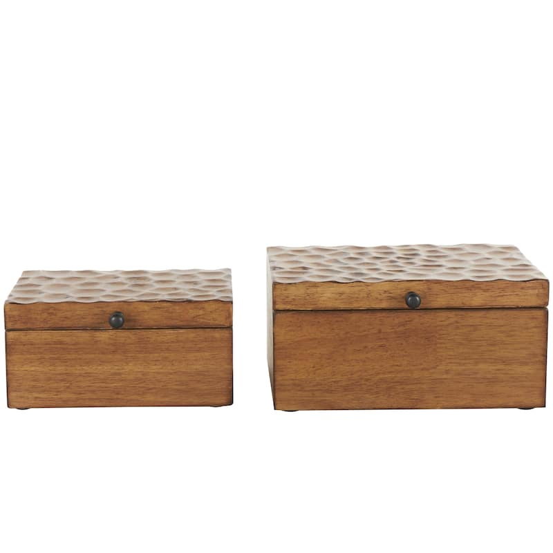 Wood Geometric Textured Concave Honeycomb Storage Decorative Box with Black Knobs - Set of 2 Brown - Roche River Decor - Brown