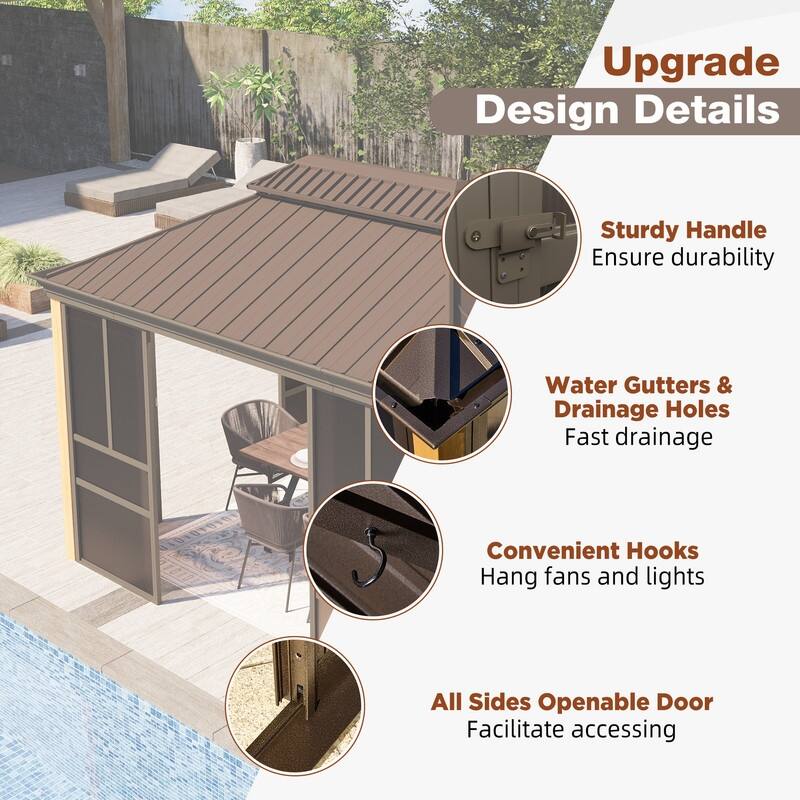 Outdoor Hardtop Sunroom Gazebo with Double Roof & Sliding Doors, All-Season Aluminum Outdoor Pergola, PE Screens&Lockable Design