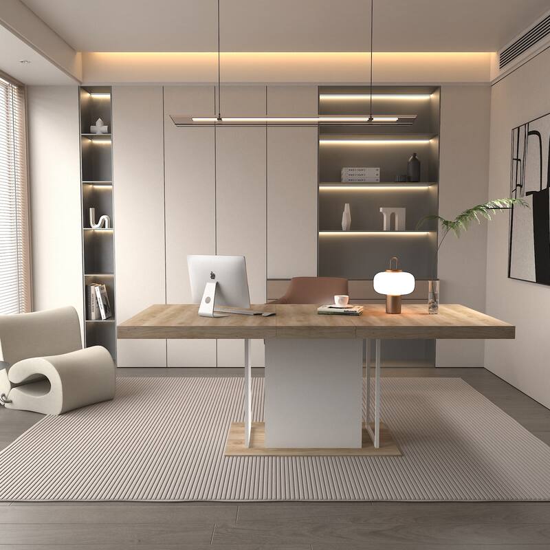 Extendable Dining Table, Wood Kitchen Table for 6-10 People, Large Home Office Table with Thick Top & Wide Feet