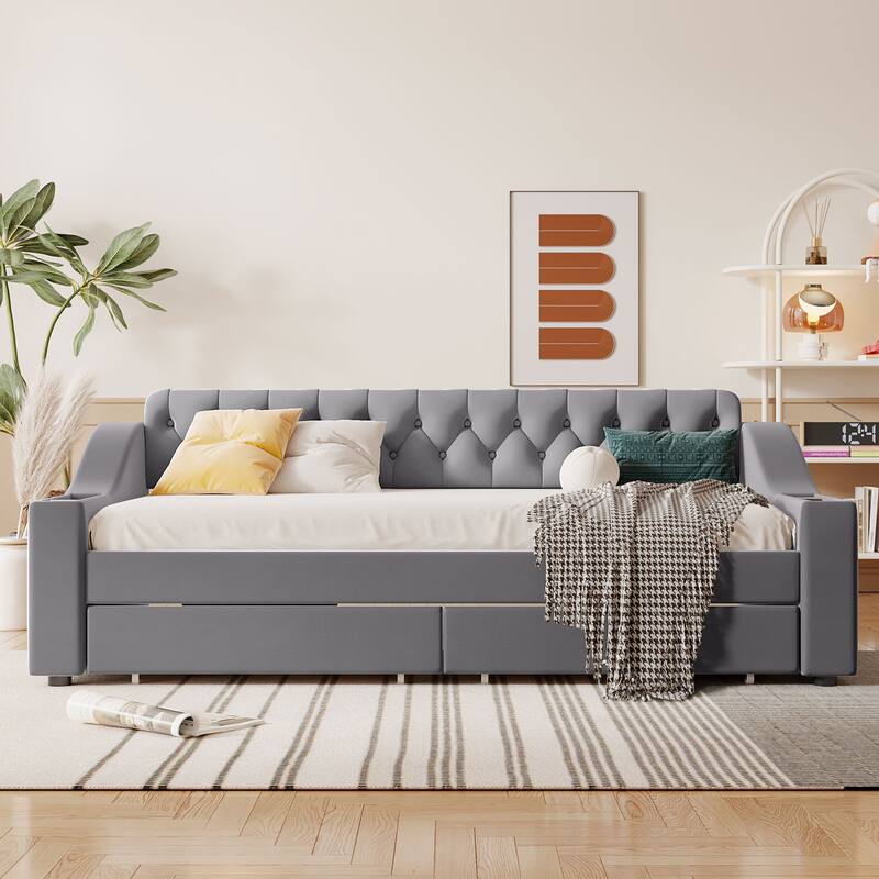 Button Tufted Backrest Daybed, Velvet Upholstered Panel Bed Frame with Storage Armrests, USB Ports on Both Sides - Gray - Twin