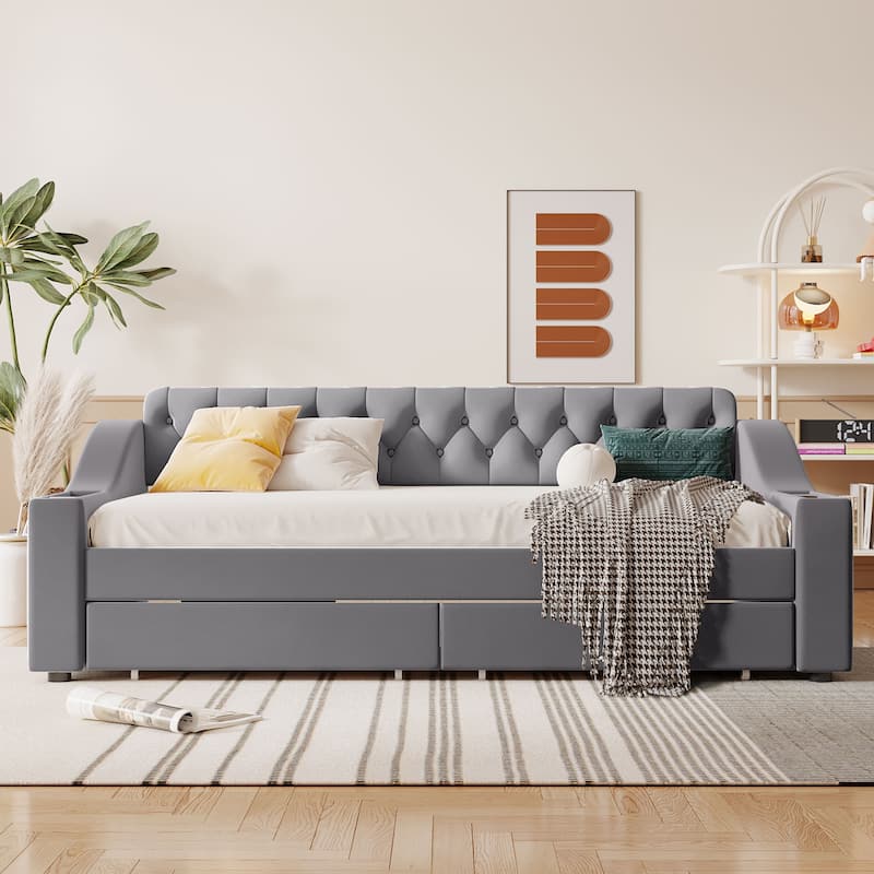 Velvet Upholstered Twin Daybed with Storage Armrests, 2 USB Ports, and Large Pull-Out Drawers, Modern Design