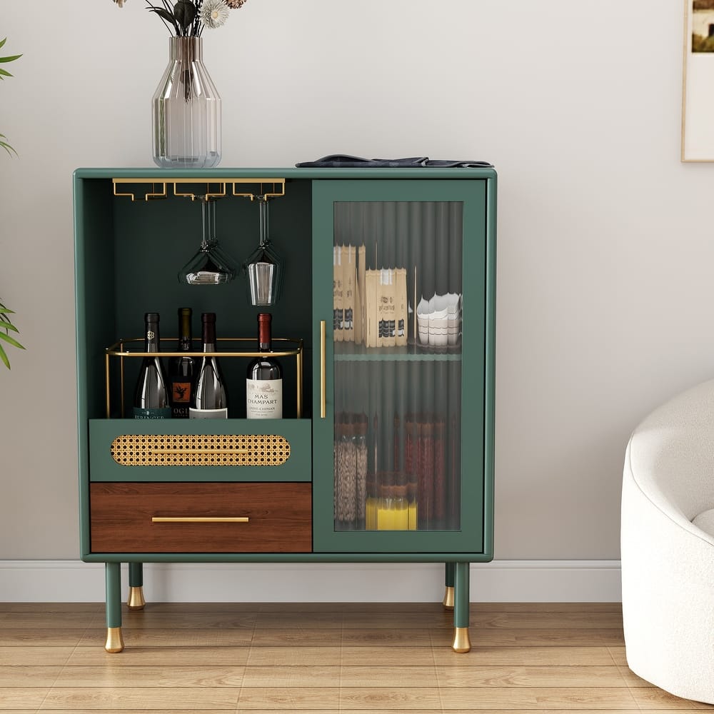 Modern Coffee Bar Cabinet with Wine Glass Rack and Storage Drawer