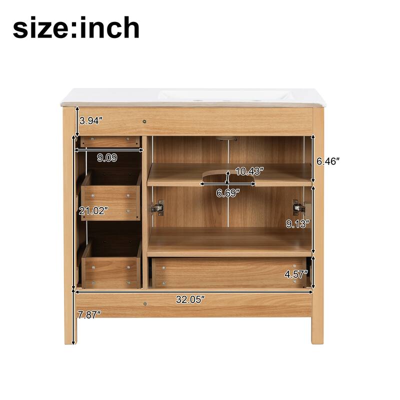 36" Wood Bathroom Vanity with Solid Wood Frame, 2 Soft Close Doors, 4 Soft Close Drawers, Adjustable Shelf