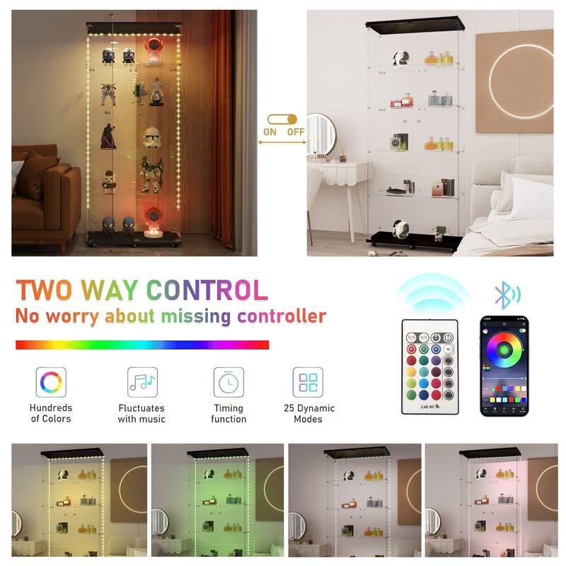 Tempered glass display cabinet, file cabinet, with Bluetooth LED light strip, lock on the door,equipped with cast, easy to move