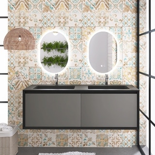 Double Bathroom Vanity in Mountain Grain Gray with Black Solid Surface ...