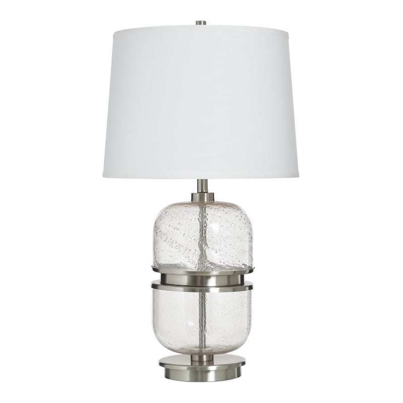 Clear Ash Table Lamp - Seeded Glass and Brushed Nickel Body - White Shade - Clear Seeded, Brushed Nickel, White