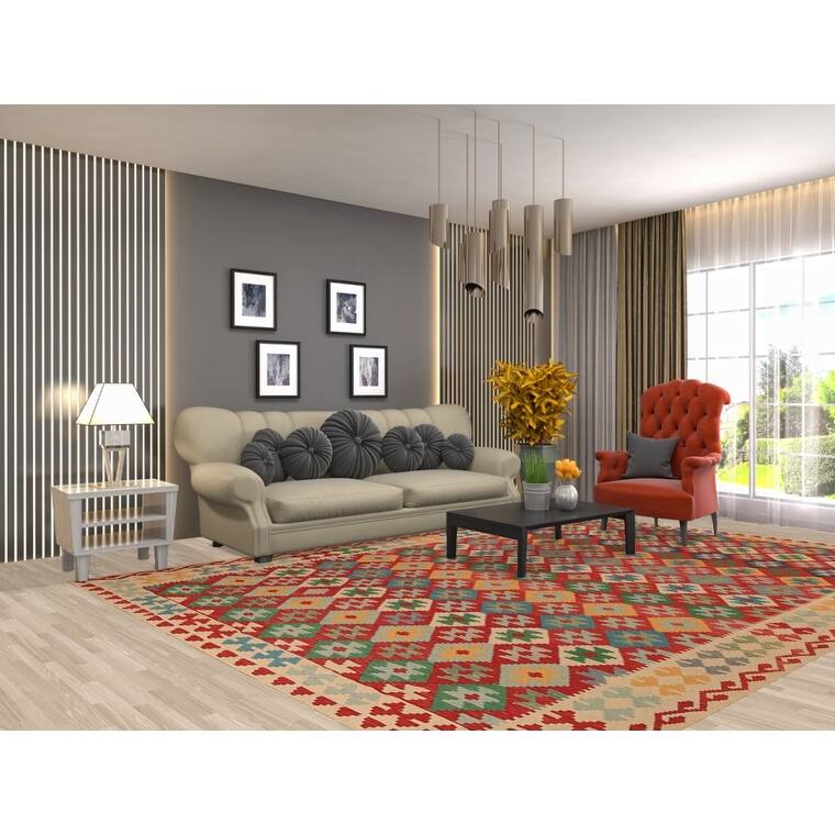 Geometric Kilim Orange Area Rug Hand-Woven Wool Carpet - 8'3" x 11'3"