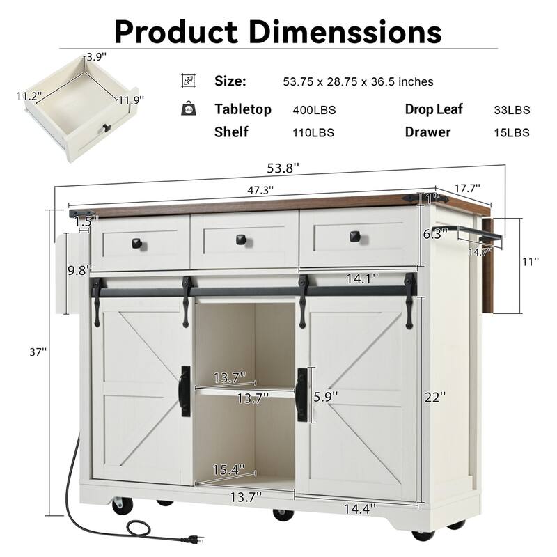 53.7" Farmhouse Kitchen Island With Power Outlet, 2 Sliding Barn Door, Kitchen Storage Island With Drop Leaf, Spice Rack