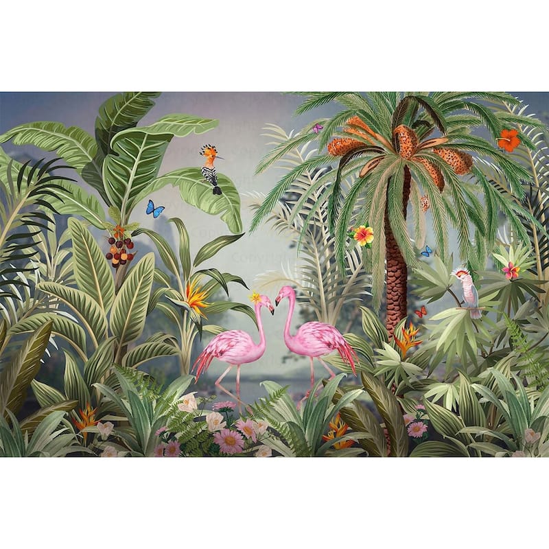 Vibrant Tropical Paradise Wallpaper Mural Flamingos Wildlife - Green - W:163" x H:110"