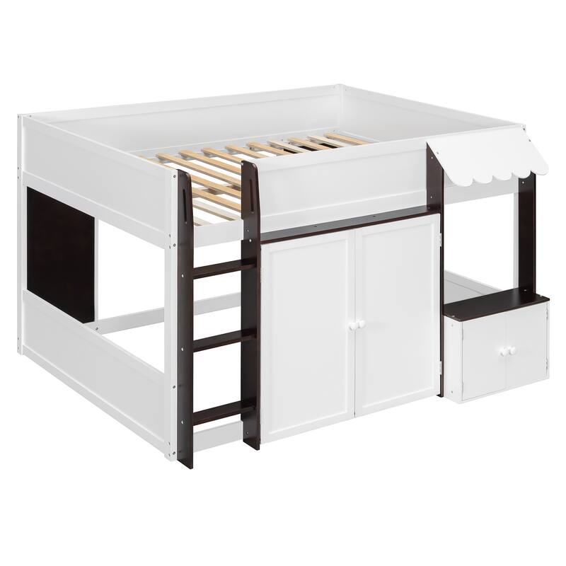 Full Size House Loft Bed Kids Playhouse Bed with Cabinets Secure Ladder Guardrails Cottage Style Canopy, Wooden House Bunk Bed