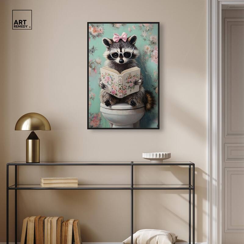 Petite Floral Toilet Raccoon Canvas by Art Remedy