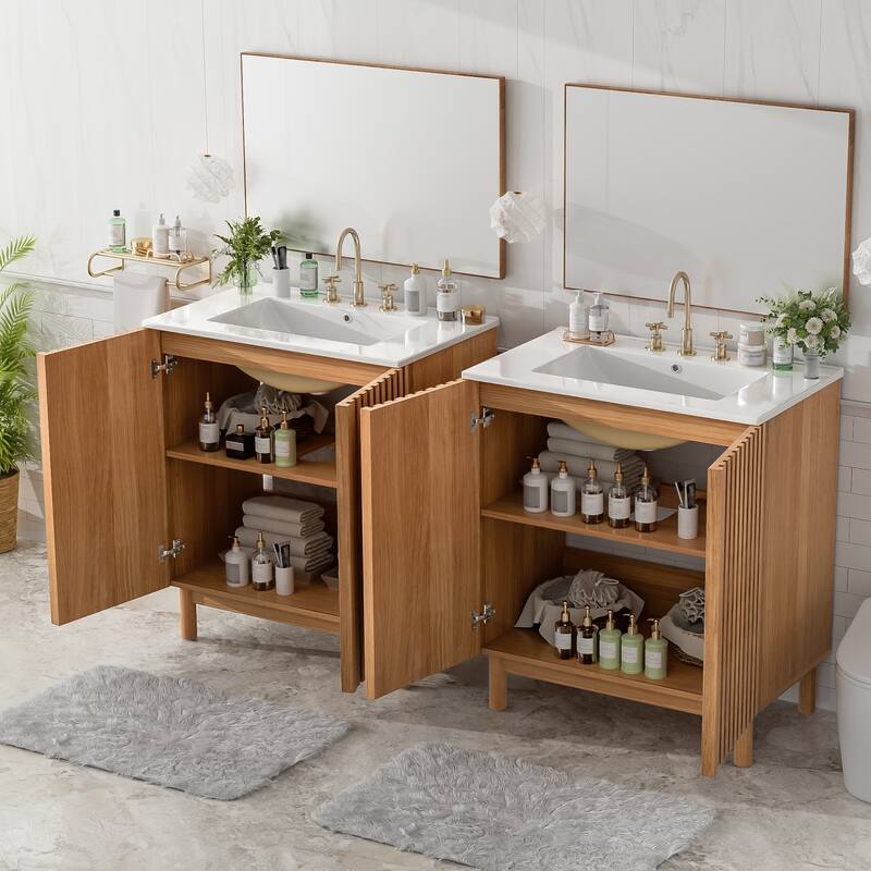 29.9 Inch Single Sink Bathroom Vanity / 59.8 Inch Double Sink Bathroom Vanity, Bathroom Storage Cabinet with Ceramic Sink - Brown - 59.8 Inch