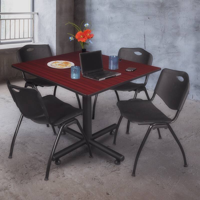 48 in. Square Breakroom Table- Mahogany & 4 'M' Stack Chairs- Black