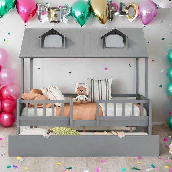 slide 2 of 26, Full Size House Bed Wood Bed With Twin Size Trundle,Sturdy Construction for Bedroom Grey