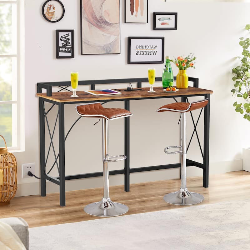 5-Pieces Console Table with Bar Stools Set, with 2 Outlet and 2 USB Ports, Dining Table Sets for Breakfast Nook - 140CM - Brwon+Bar Stool*2