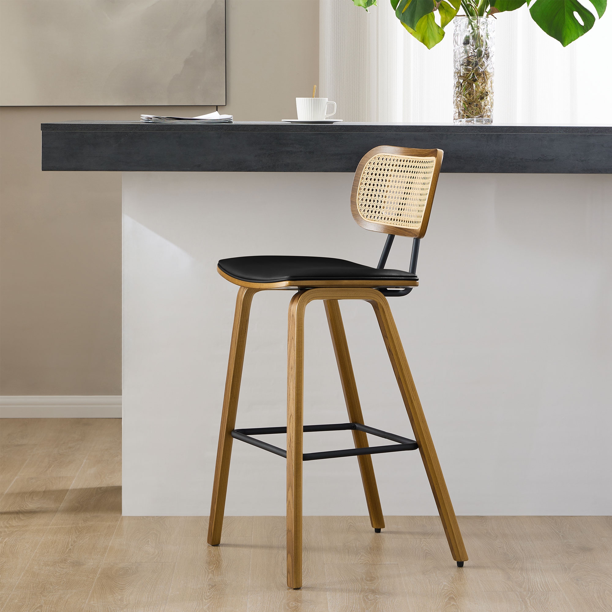Upholstered Wood Counter Height Bar Stools with Rattan Back