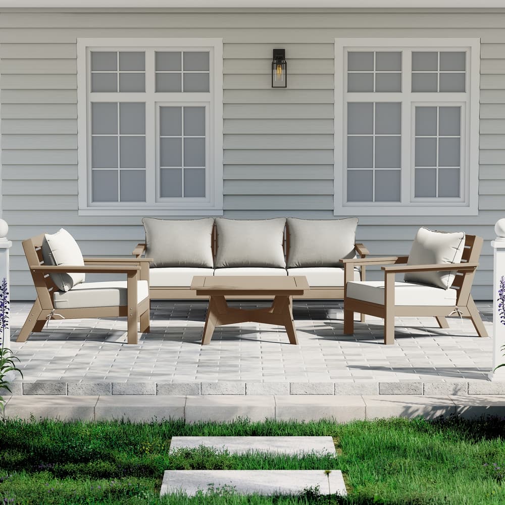 Birchwood All Weather HDPE Outdoor Patio Weathered Wood Deep Conversation Set (6-Piece Set)