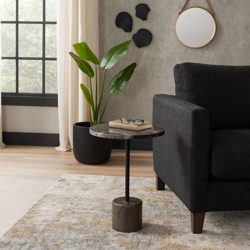 Marble Stone Modern End Table with Iron Base - Black, 21 in. - 15" x 15" x 20.75"