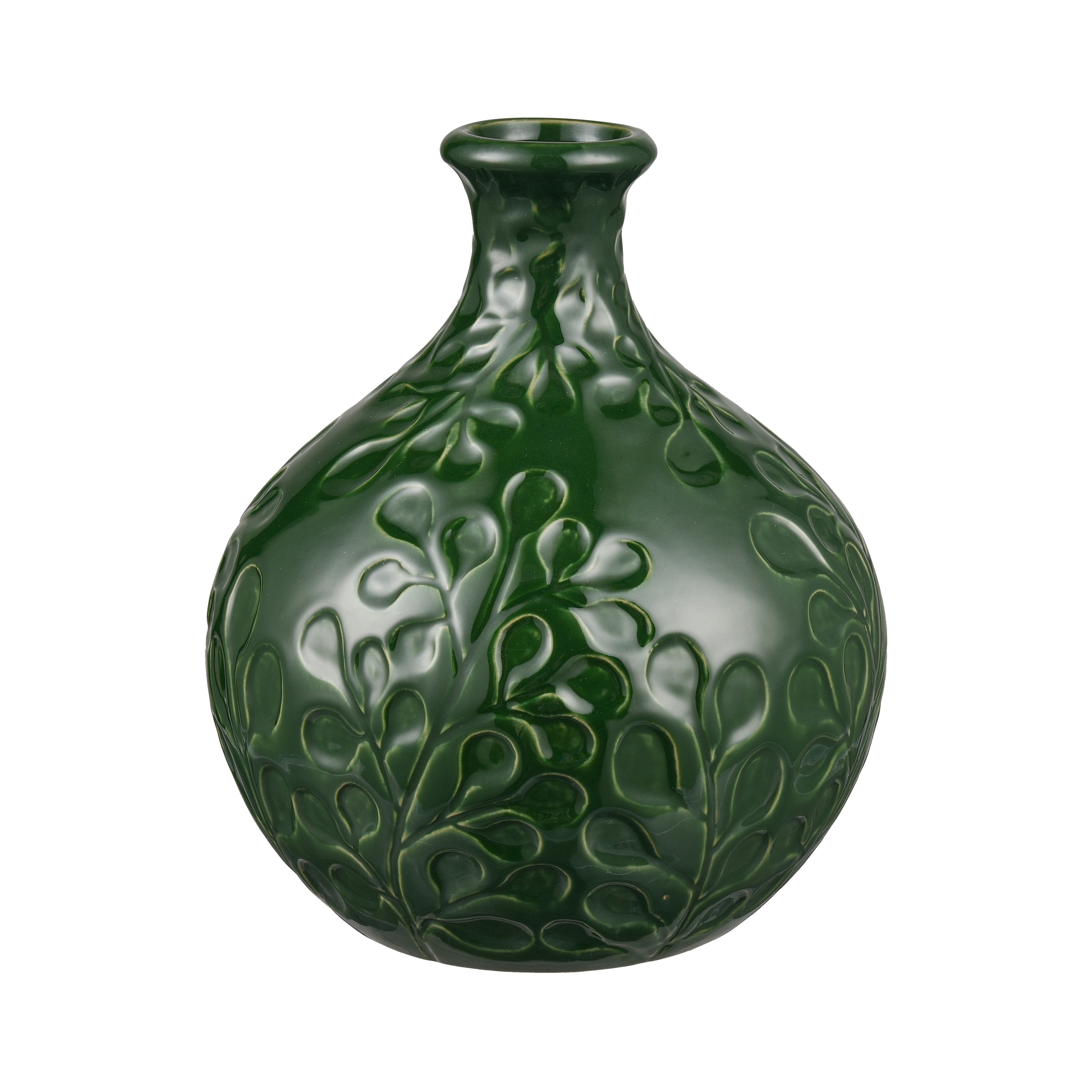 Atlas Broome Glossy Green and Etched Leaf Earthenware Vase