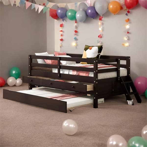slide 2 of 10, Low Loft Bed Twin Size with Full Safety Fence, Climbing ladder Espresso - Twin