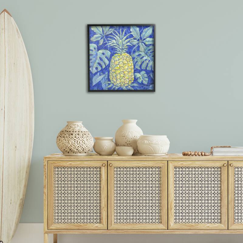Stupell Tropical Pineapple on Blue Framed Giclee Art Design By Paul Brent