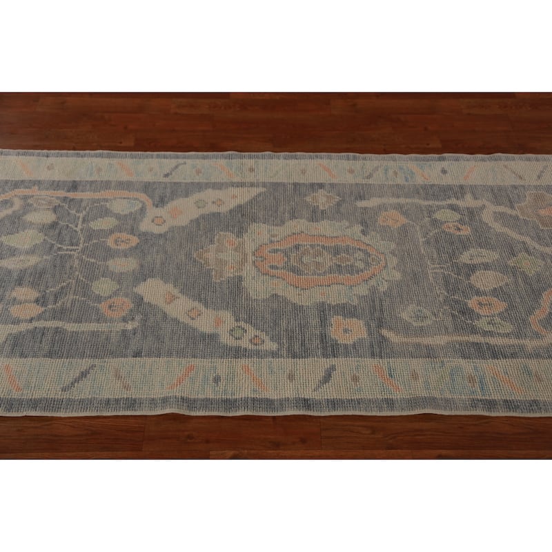 Hand Knotted Oriental 100% Wool Carpet Transitional Geometric Navy Blue & Blues Oushak Runner Rug - 9' 6'' X 2' 11''