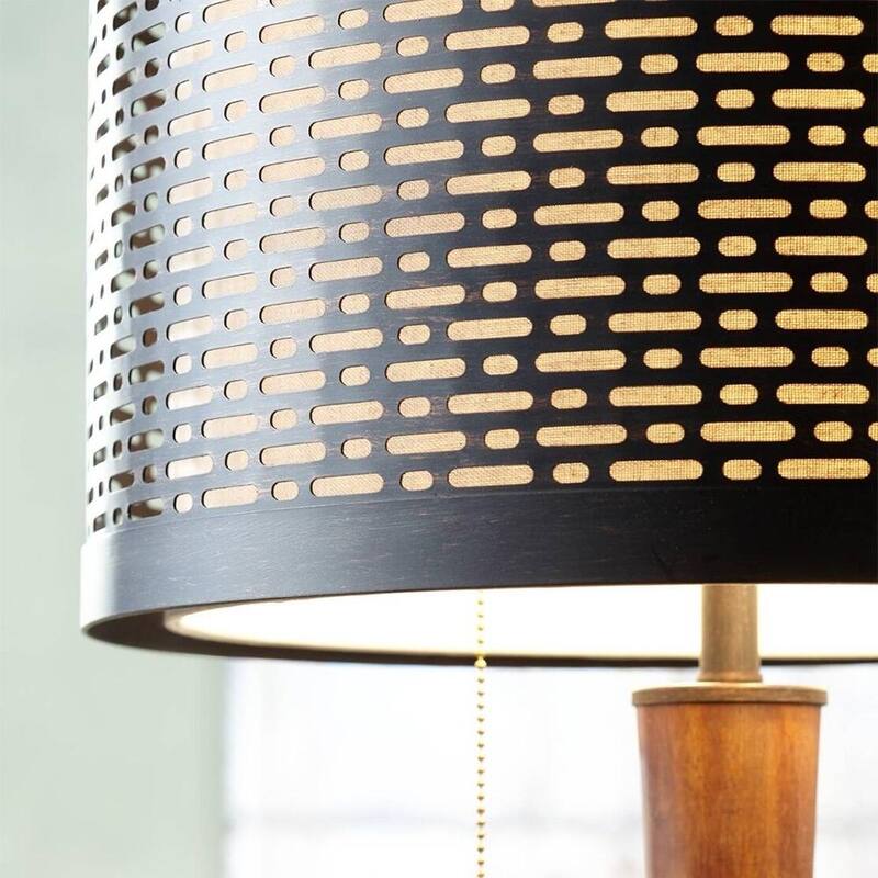Mid Century Modern Floor Lamp Cherry Wood Perforated Metal Shade - 16" x 64"