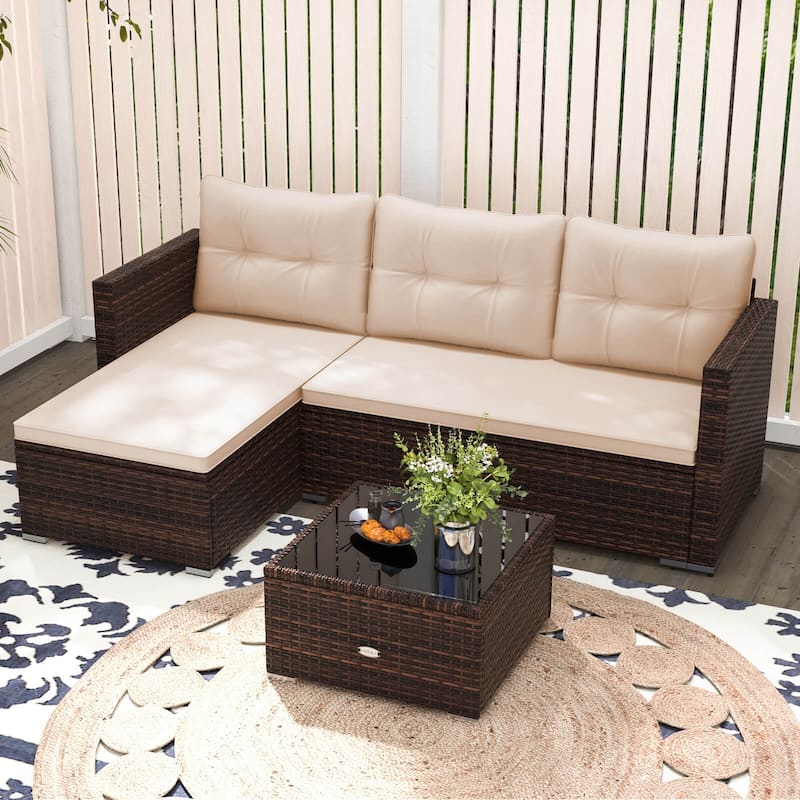Costway 4 Seats Outdoor Wicker Furniture Set with Tempered Glass - See Details