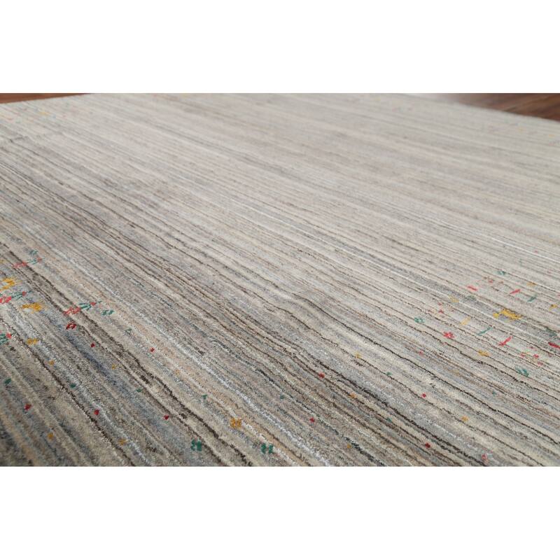 Striped Gabbeh Square Rug Hand-Knotted Gray Wool Carpet - 7'11"x 7'11"