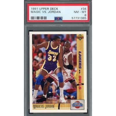 Michael Jordan Magic Johnson 1991 Upper Deck Basketball Card #34 Graded PSA 8 - 8'6" x 11'6"