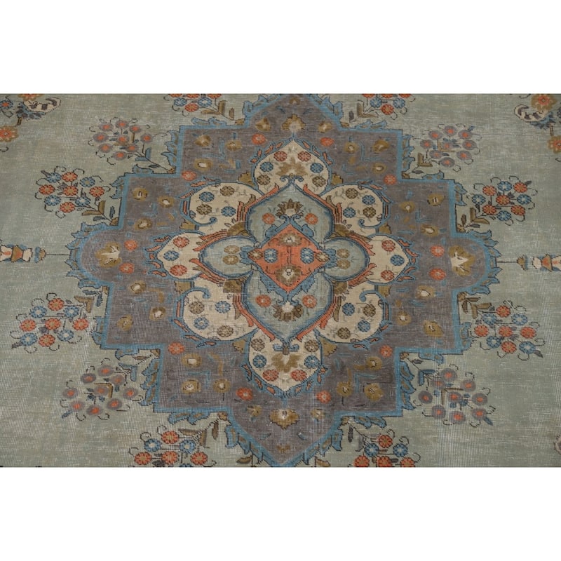 Green Tabriz Vintage Persian Area Rug Hand-Knotted Wool Carpet - 9'7" x 12'9"