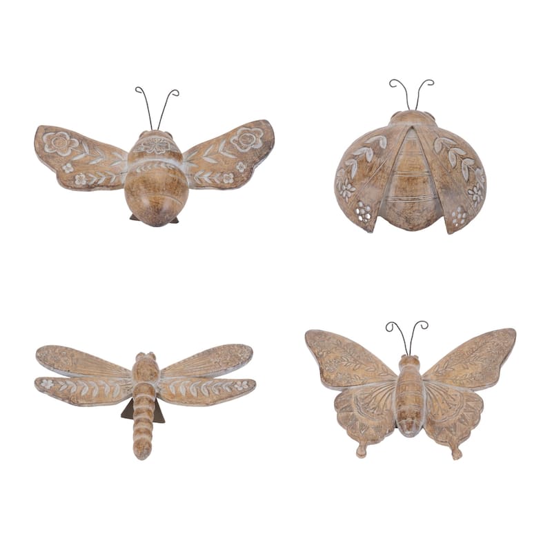 Etched Floral Insect Shelf Sitter Decorations - 7" - Brown - Set of 4